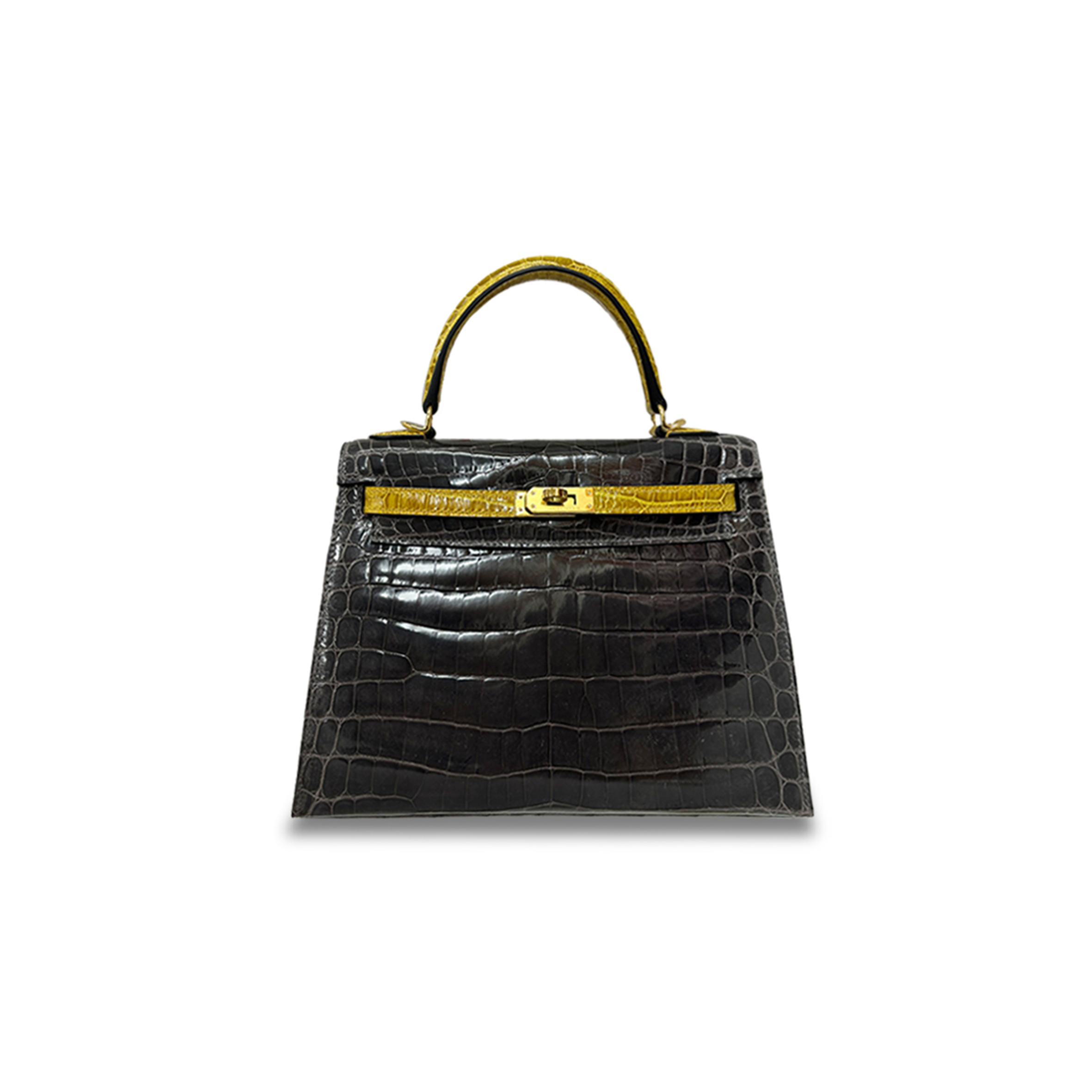 HERMÈS MASTER KELLY 25 CROCODILE GRAPHITE GREY AND AMBER YELLOW GOLD HARDWARE (25*17*7cm) 